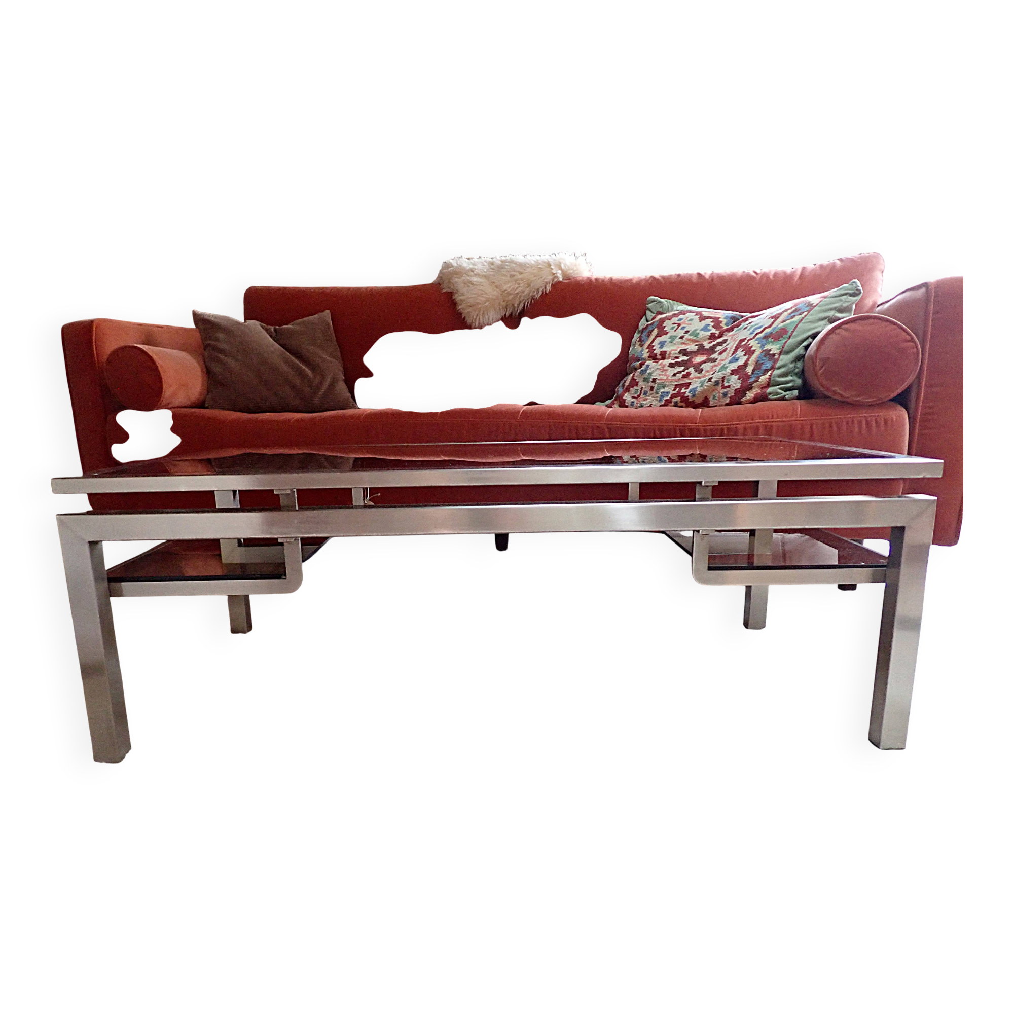 Brushed steel coffee table frame without glass - 1970s