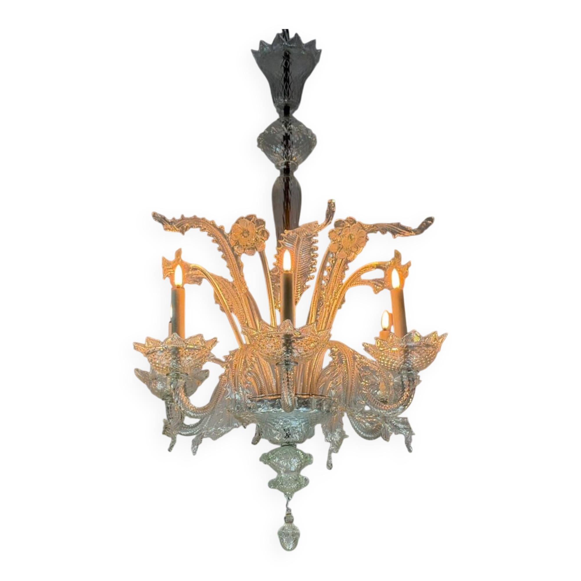 Venetian lustre in colourless Murano glass, 6 light arms, circa 1950.