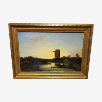 Peinture hollandaise à l'huile école de 19ème siècle avec le paysage des pêcheurs près d’un moulin