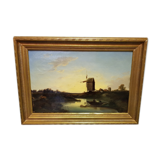 Peinture hollandaise à l'huile école de 19ème siècle avec le paysage des pêcheurs près d’un moulin