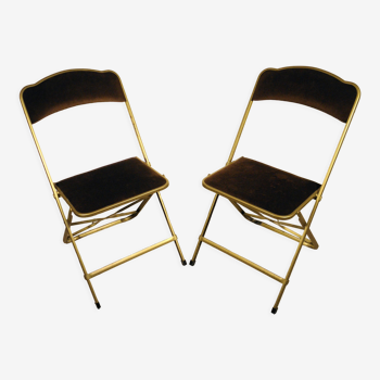 Pair of folding chairs in velvet and gilded metal