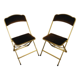 Paire de chaises pliantes en velours et métal doré