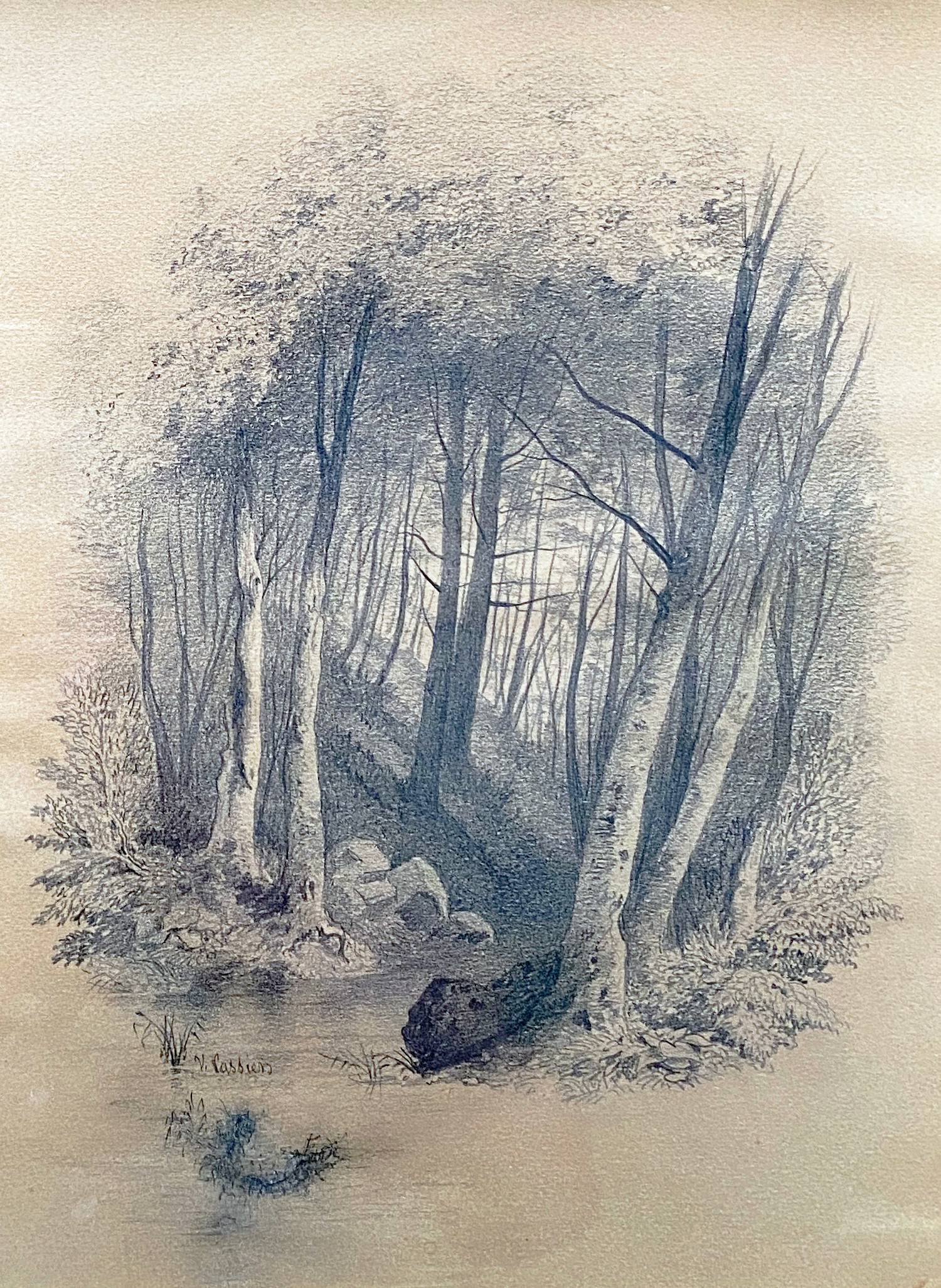 Painting drawing "Underwood" by Victor CASSIEN (1808-1893) + frame