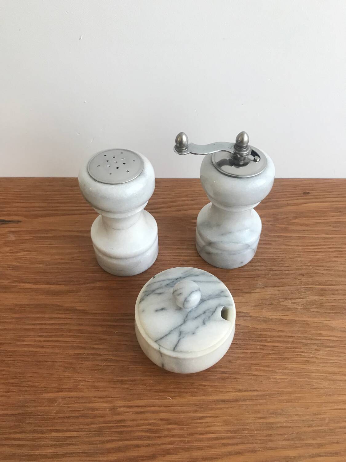 Vintage white marble salt/pepper/mustard shaker set