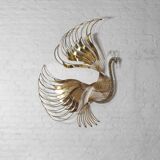 Impressive wall "Peacock" wall sculpture in brass by Curtis Jere, 1980s