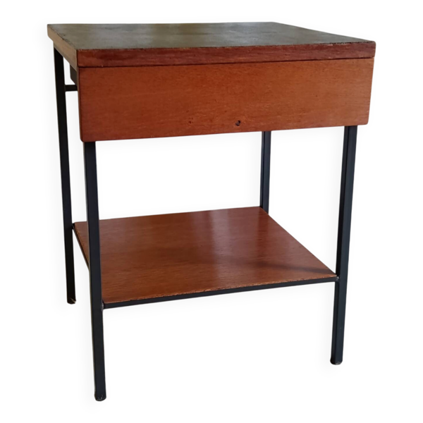 Table de chevet moderniste en bois et métal - années 50/60
