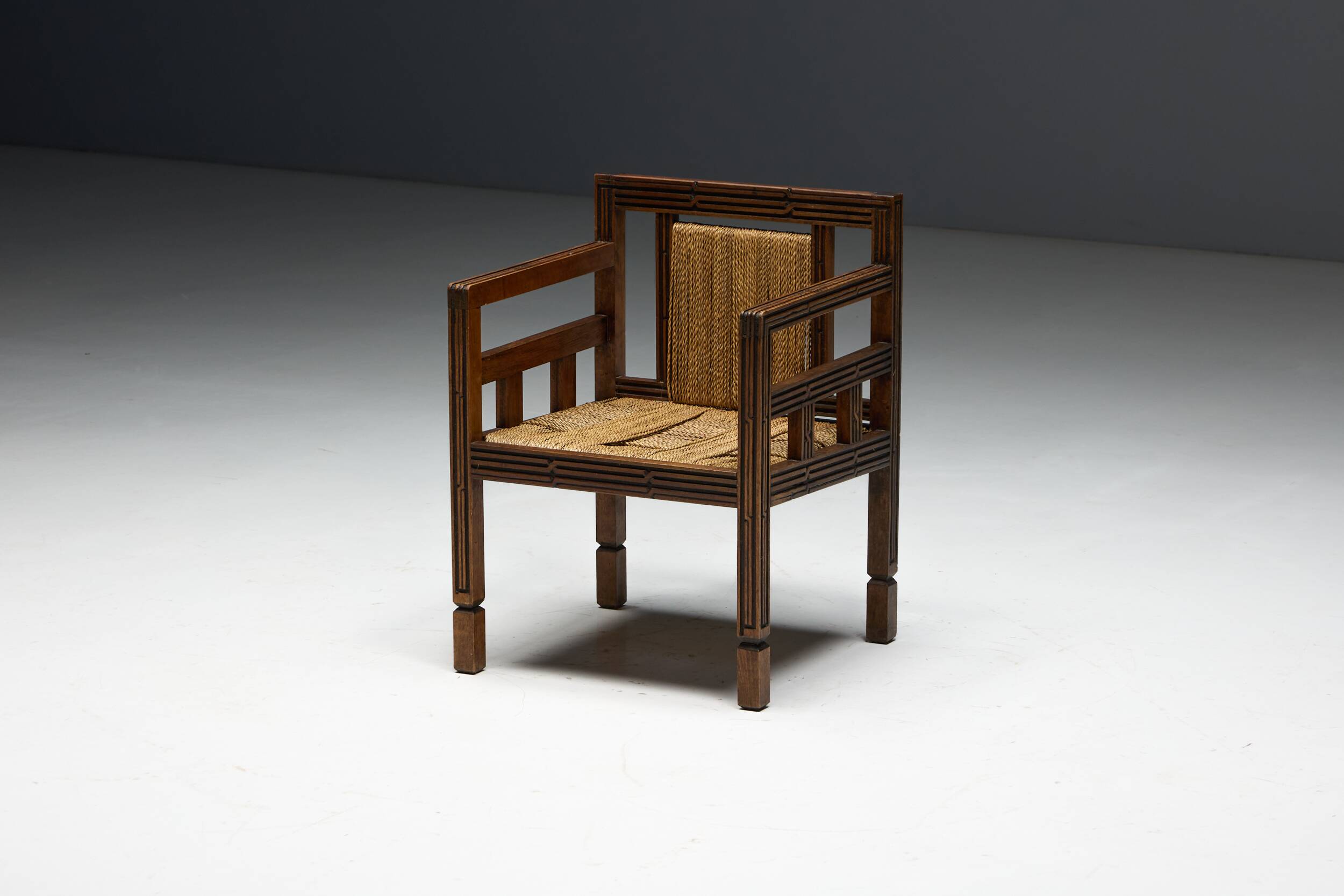 Art Deco Wooden Armchair with Rush Seat, France, 1920s