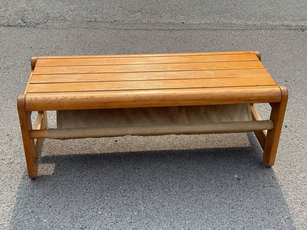 Scandinavian pine bench with canvas storage, 1970s