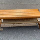 Scandinavian pine bench with canvas storage, 1970s