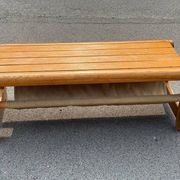 Scandinavian pine bench with canvas storage, 1970s
