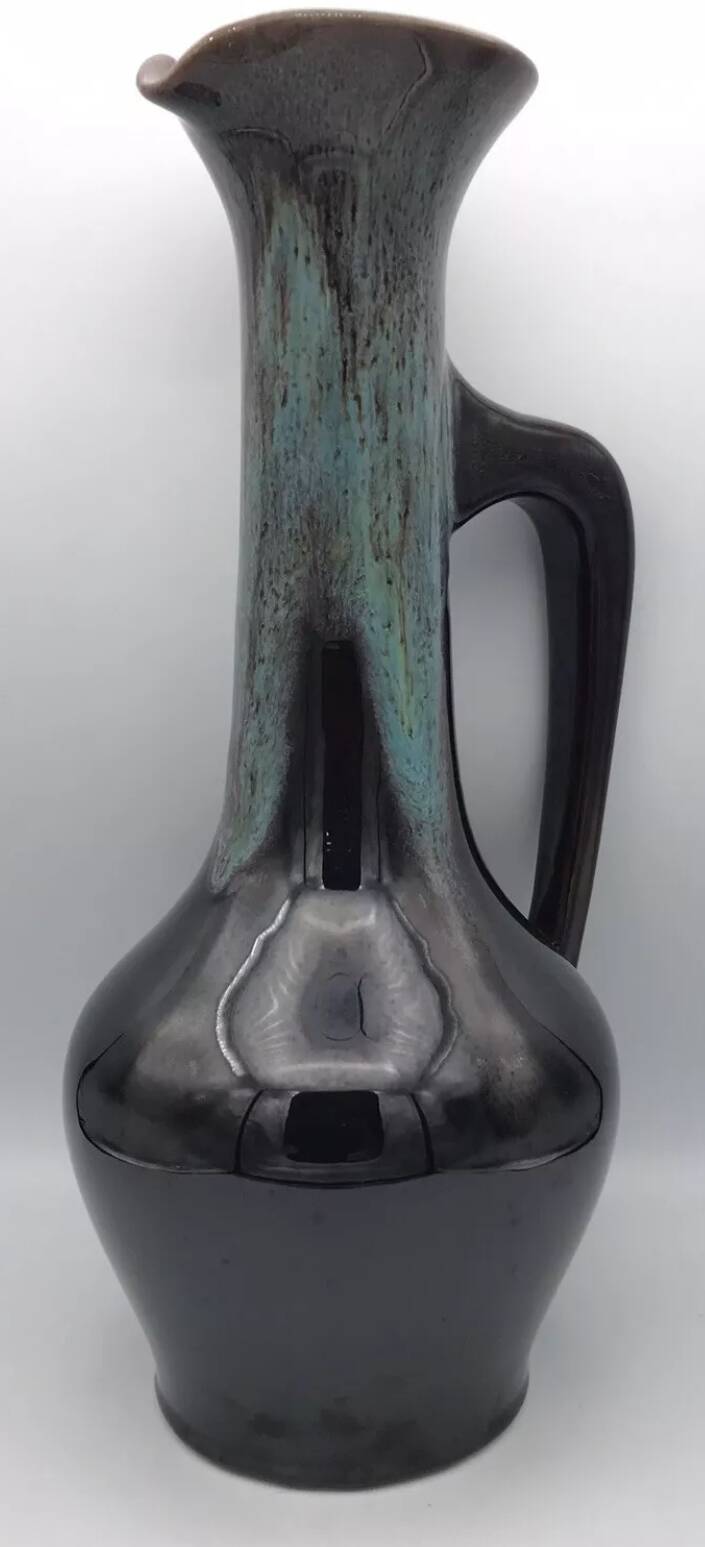 Large vase in glazed ceramic stoneware flamed effect brown and turquoise 35.5 cm