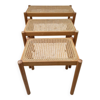 Set of 3 vintage cane nesting coffee tables