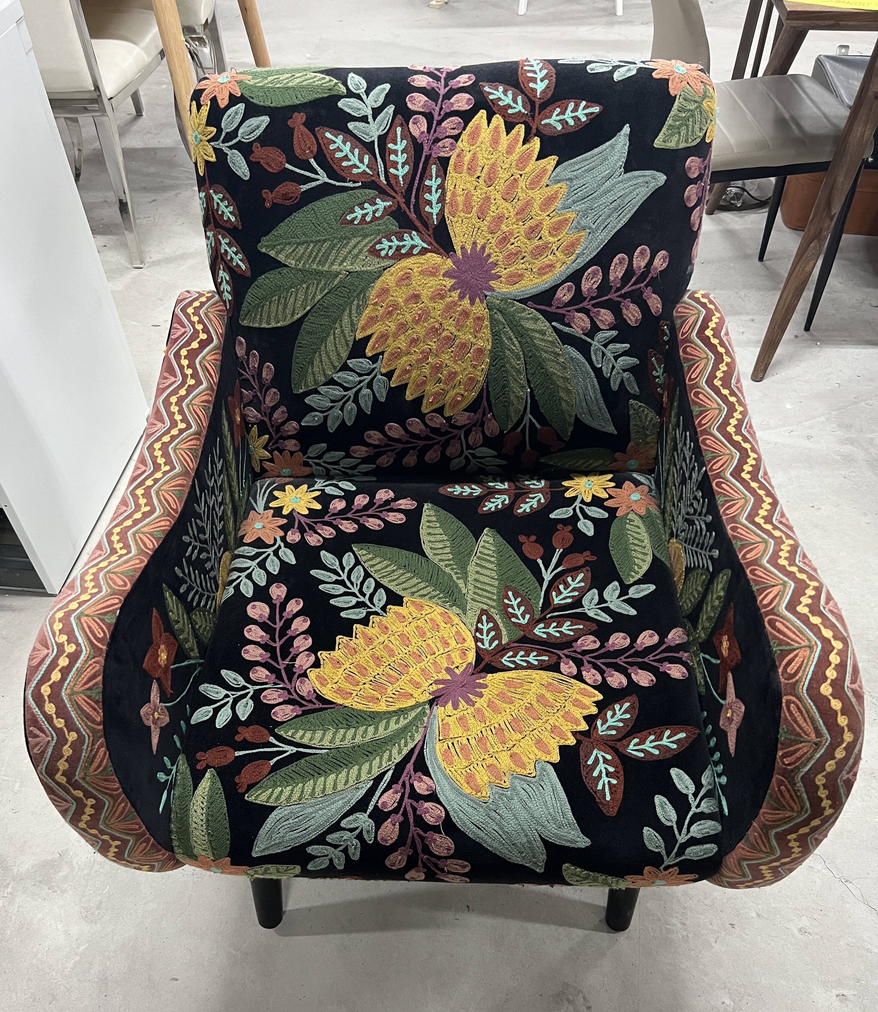 British style armchair in embroidered black velvet and legs in solid black mango tree