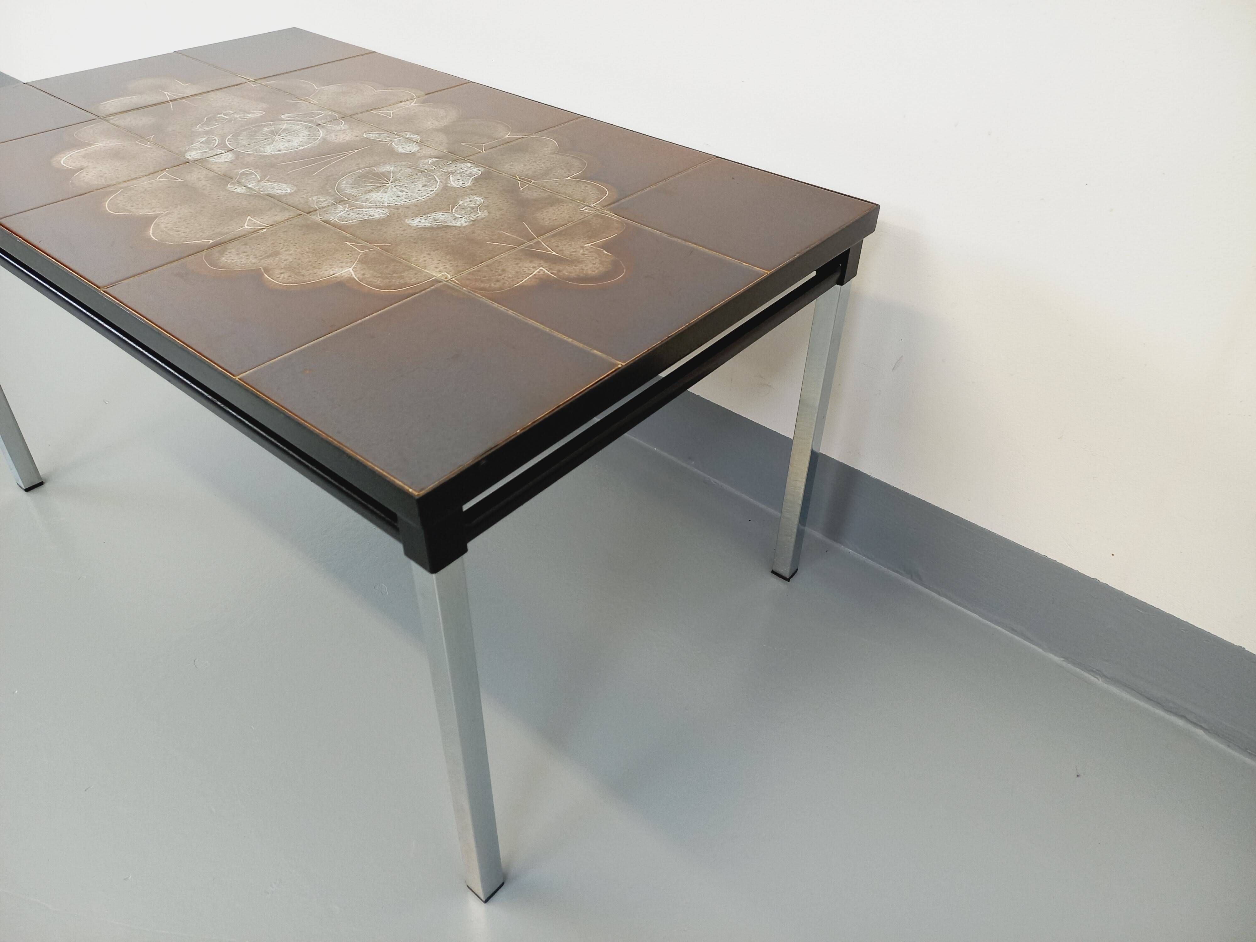 Vintage rectangular coffee table from the 60s 70s in ceramic, black metal and chrome metal