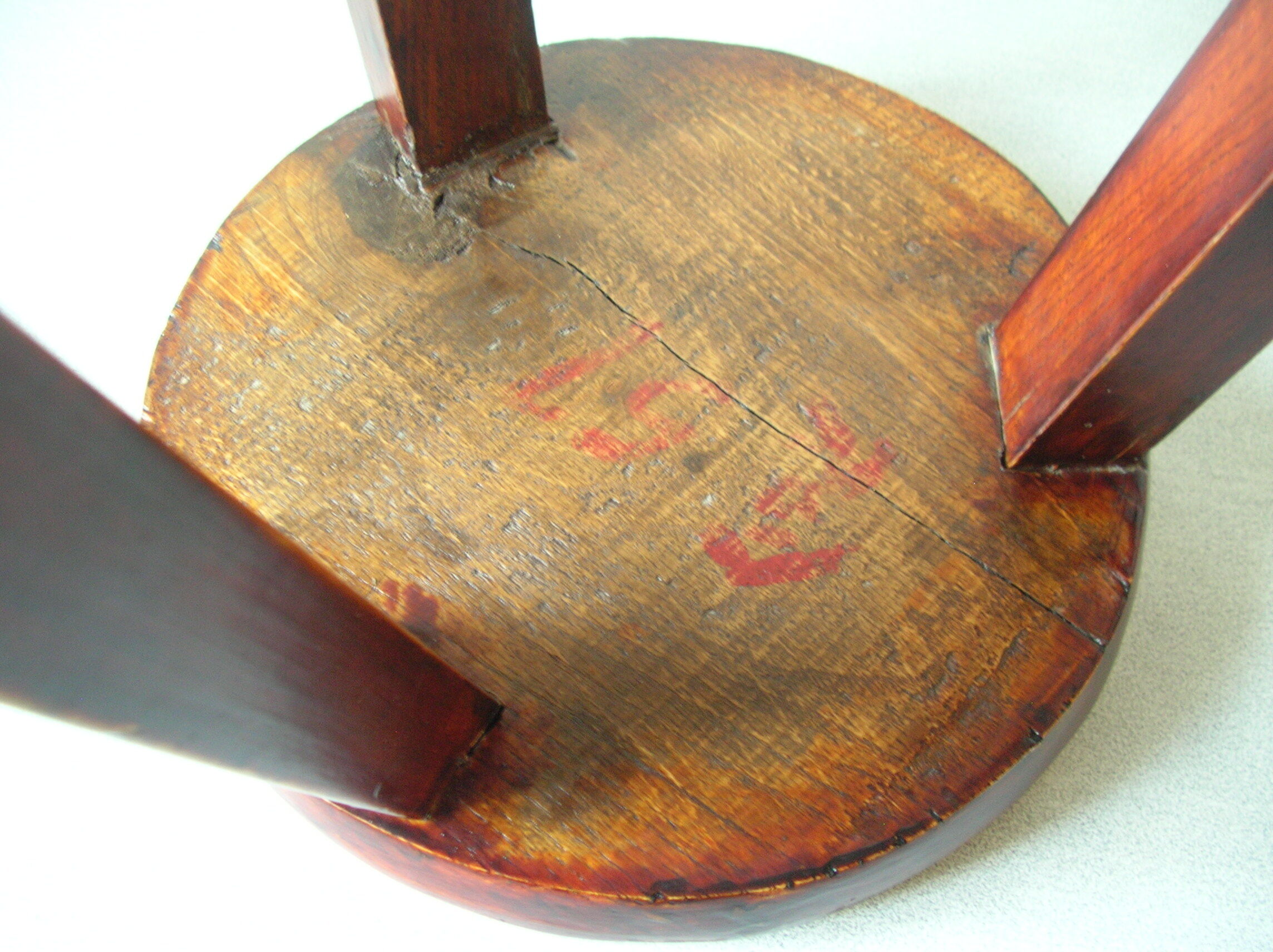 Old stool 3 feet Asian Chinese tripod wooden painted marking Japanese decoration