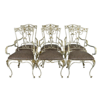 6 patinated wrought iron Art Deco armchairs, France, circa 1950