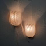 Pair of 80s wall lamps, striped Murano glass and brass