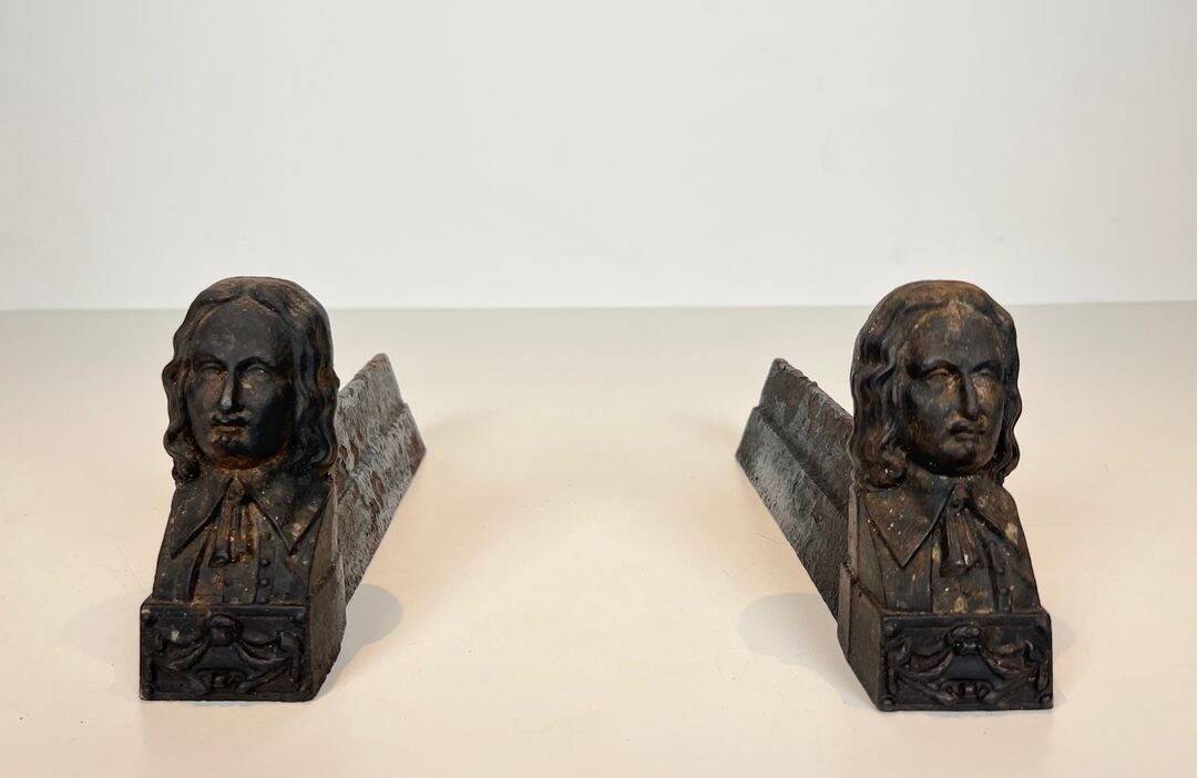 Pair of Cast Iron Andirons in the Likeness of Beethoven. France. Circa 1900.