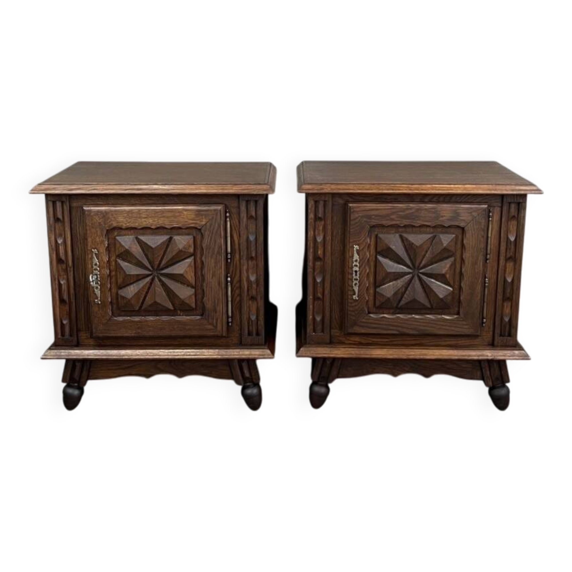 Pair of carved wooden bedside tables, early 20th century