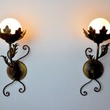 Pair of floral wall lamps by Ferro Arte, Gold leaf and opaline, Spain, 1960