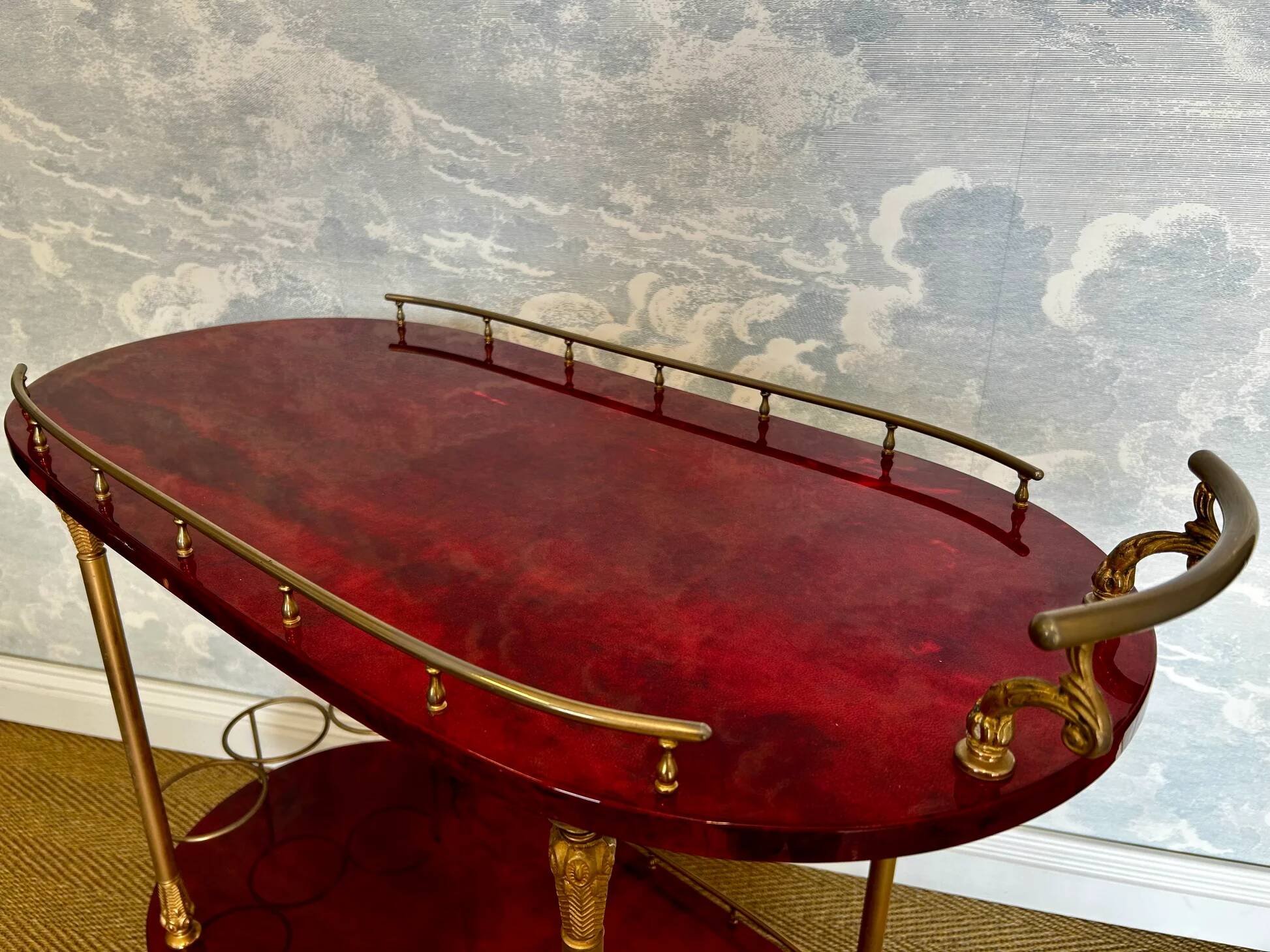 Cherry-red bar cart by Aldo Tura, Italy, 1960s, Hollywood Regency