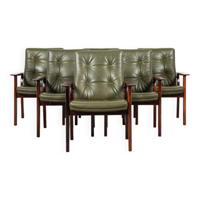 Ensemble de 6 chaises danoises du milieu du siècle avec accoudoirs en palissandre et cuir par Arne Vodder pour Sibast