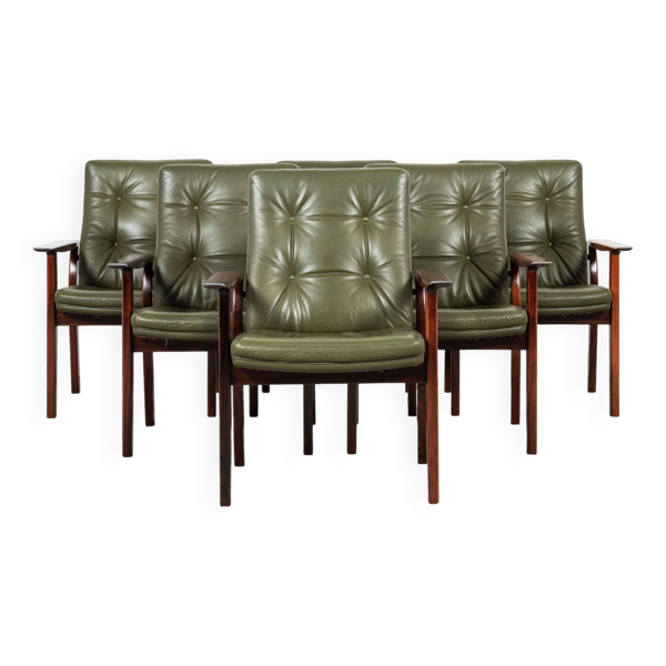 Ensemble de 6 chaises danoises du milieu du siècle avec accoudoirs en palissandre et cuir par Arne Vodder pour Sibast
