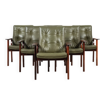 Midcentury Danish set of 6 chairs with armrests in rosewood and leather by Arne Vodder for Sibast