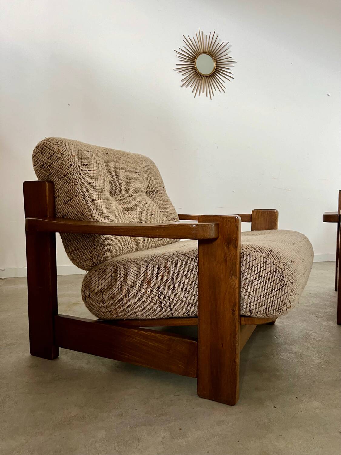 Lot of 2 solid elm armchairs, Maison Regain design, 70s vintage