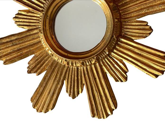 Golden carved wooden sun mirror — 38 cm