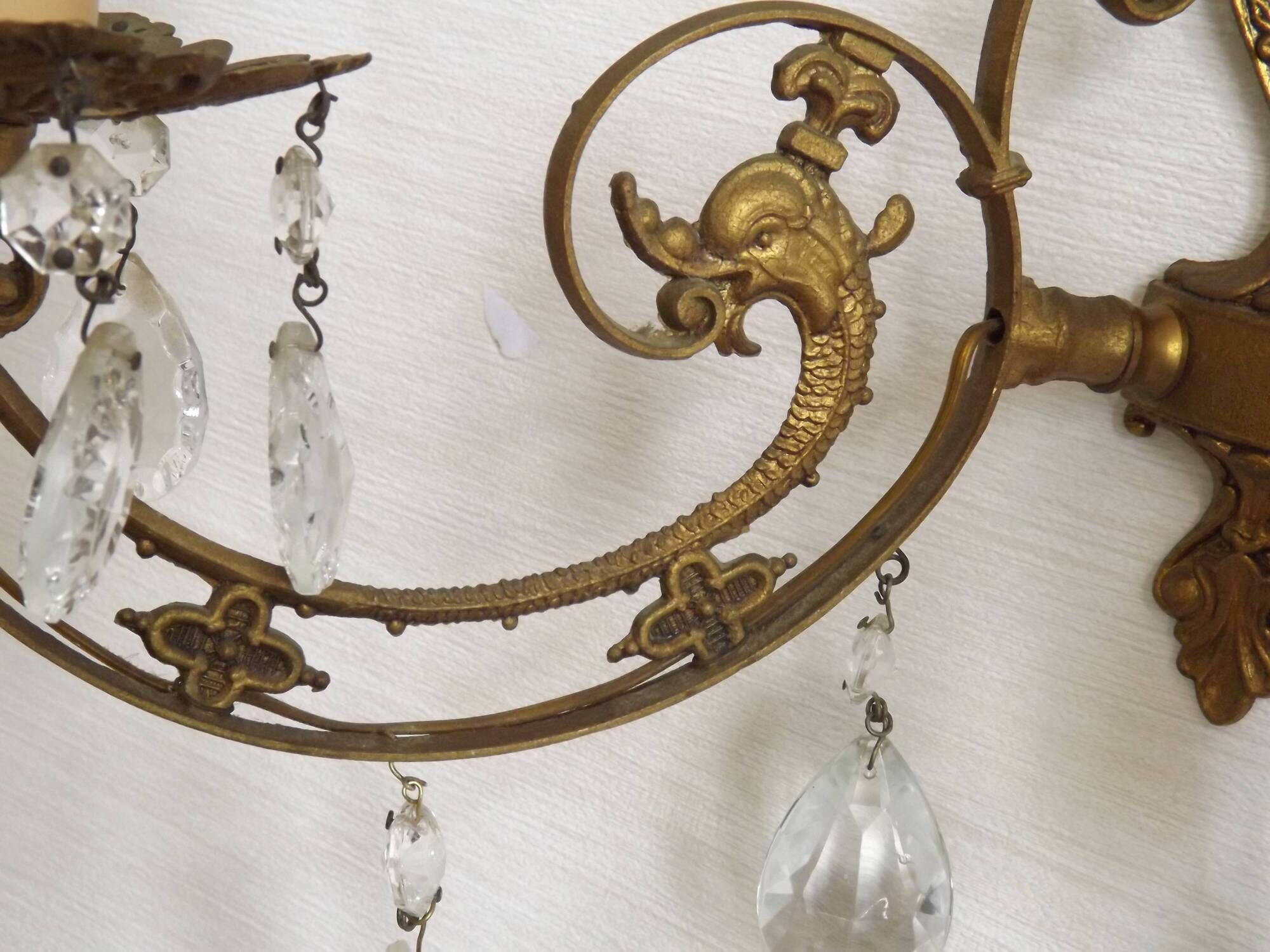 French Vintage Double Bronze & Crystal Wall Light - Stylized Dolphin Detail