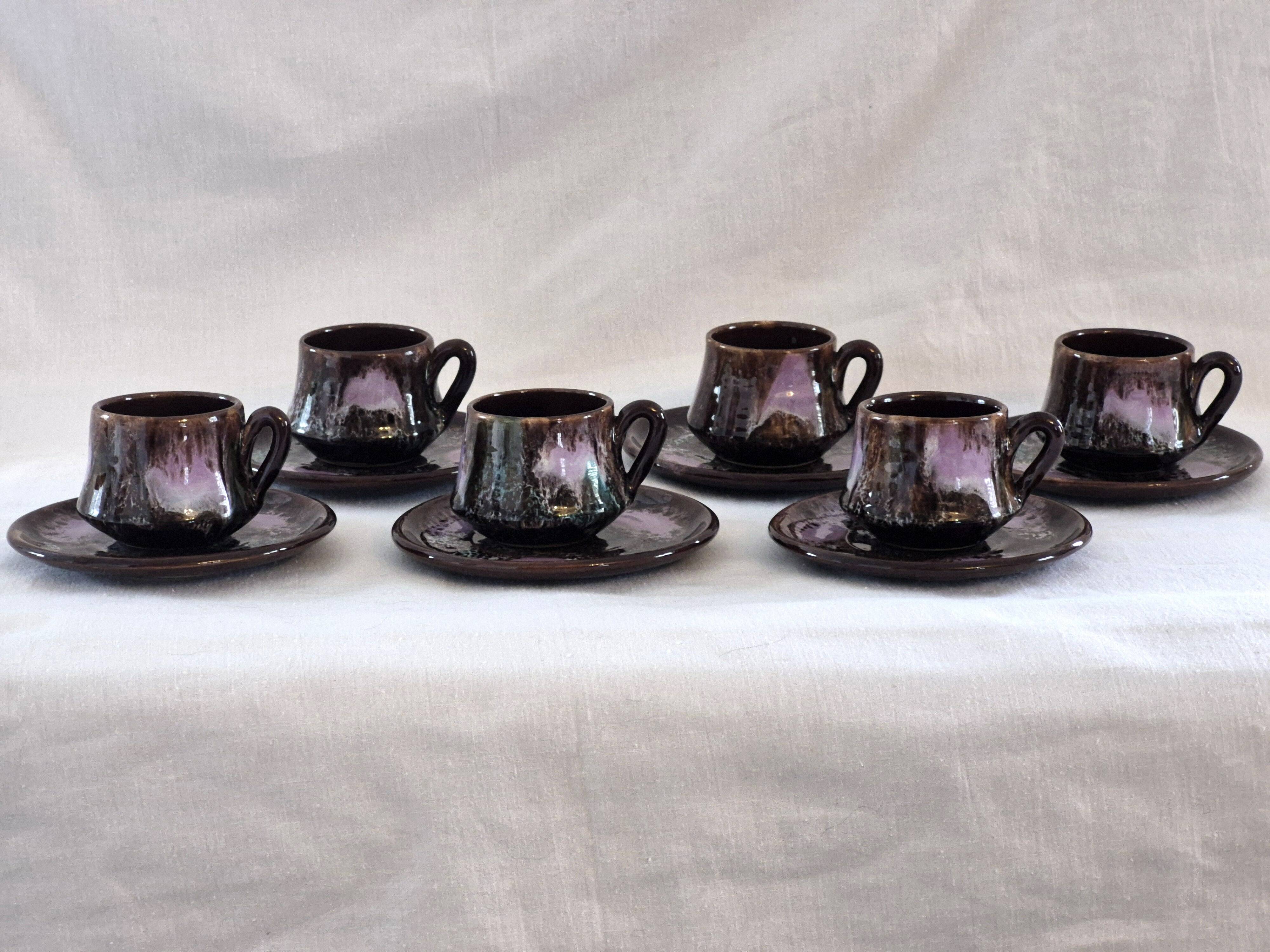 Six cups and saucers Vallauris glazed ceramic in brown and old pink.