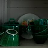 Iridescent green tea or coffee service in Lunéville K&G earthenware. 6 cups and an Art Deco sugar bowl