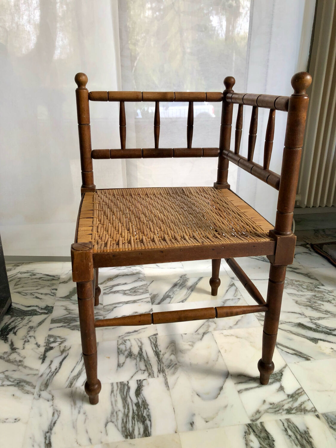 Art Deco corner chair in wood and rattan, 1930