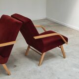 Pair of Czech burgundy brown velvet armchairs 1970