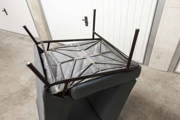 Banquette double Airborne restaurées mousse et tissus neufs + 2 coussins assortis