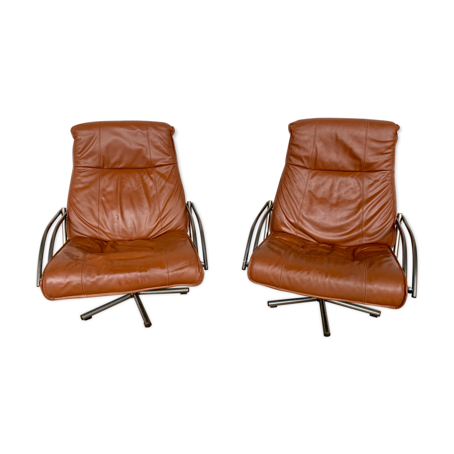 Pair of Scandinavian leather relax vintage armchairs brand Kebe