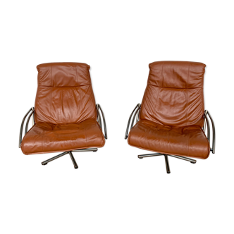 Pair of Scandinavian leather relax vintage armchairs brand Kebe