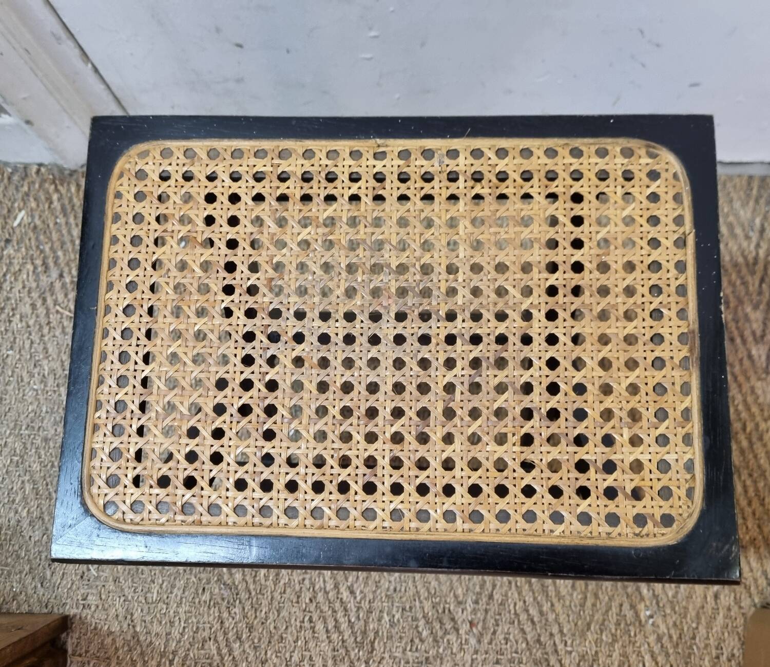 Cannage rattan footrest stool from 1970