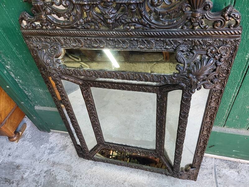 Louis xvi style repousse brass mirror with glass beads