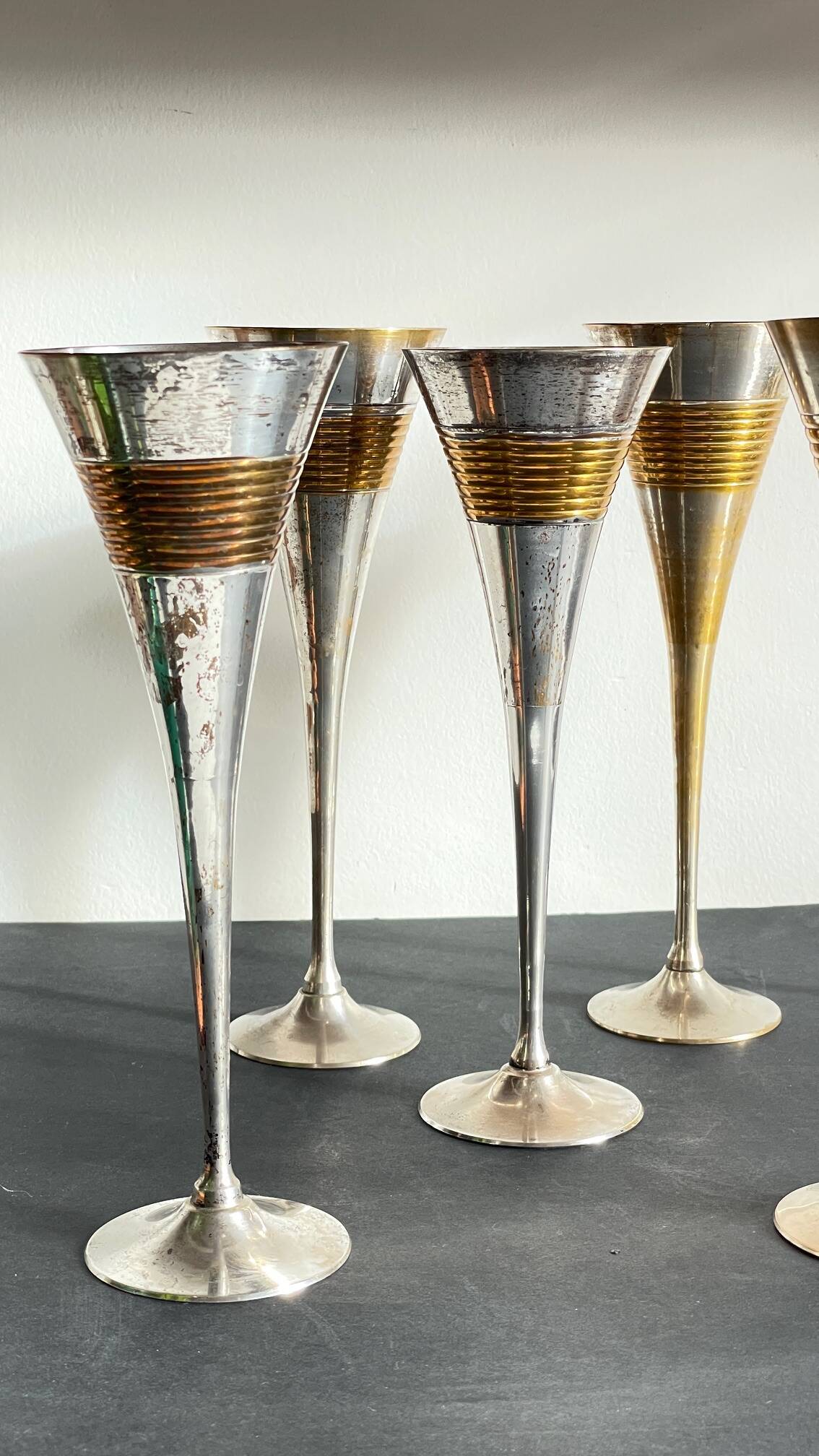 6 Vintage Silver-Plated Brass Champagne Flutes