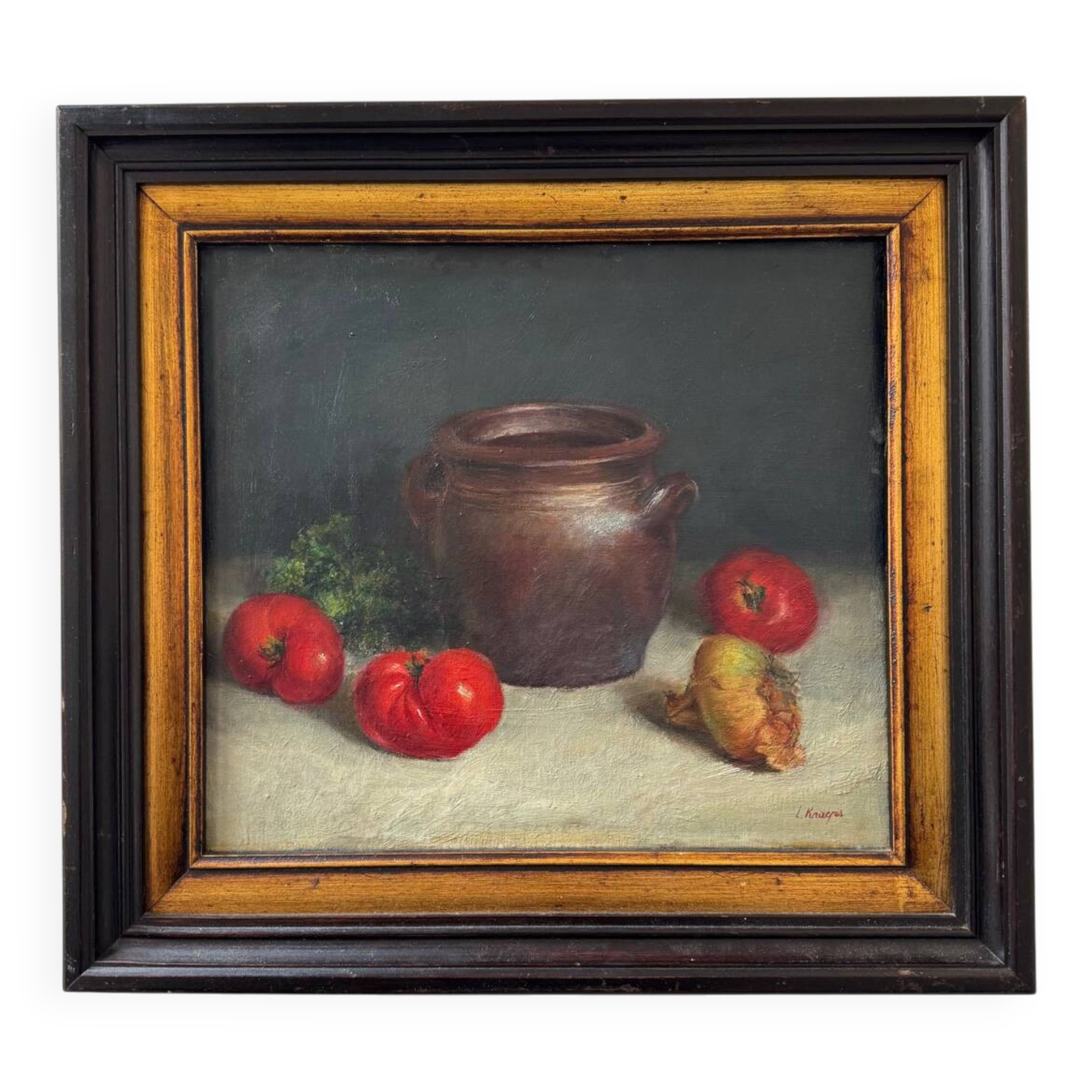 Still life painting in oil on canvas, antique.