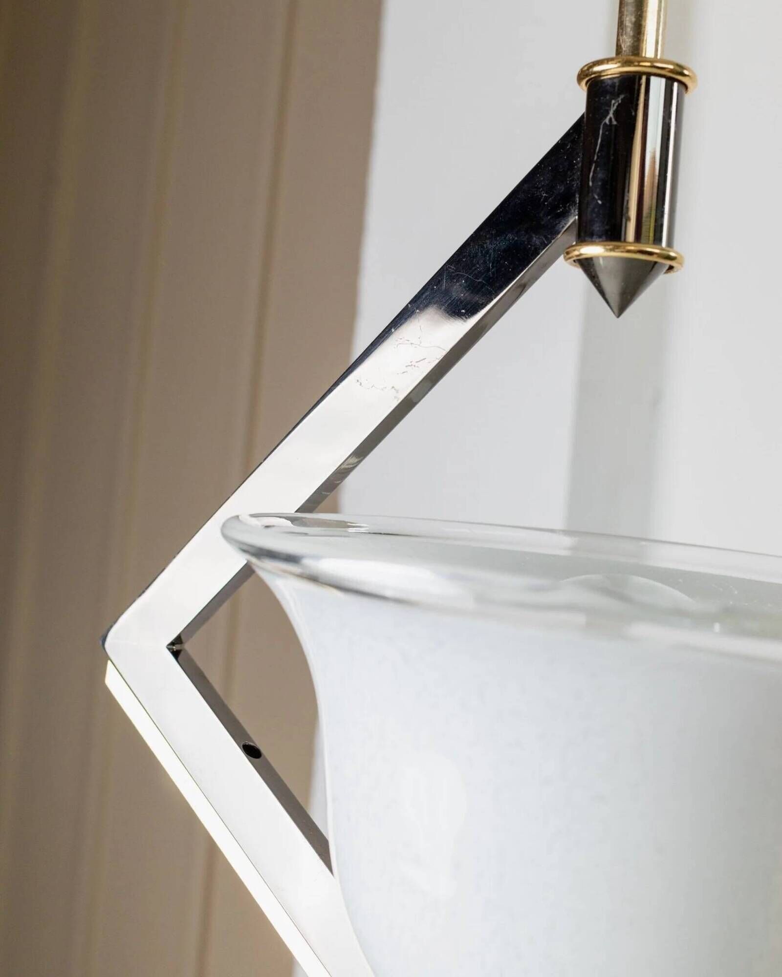 White Murano Glass Ceiling Lamp with Gold Metal Trim – 1980s Italian Vintage Triangular Chandelier