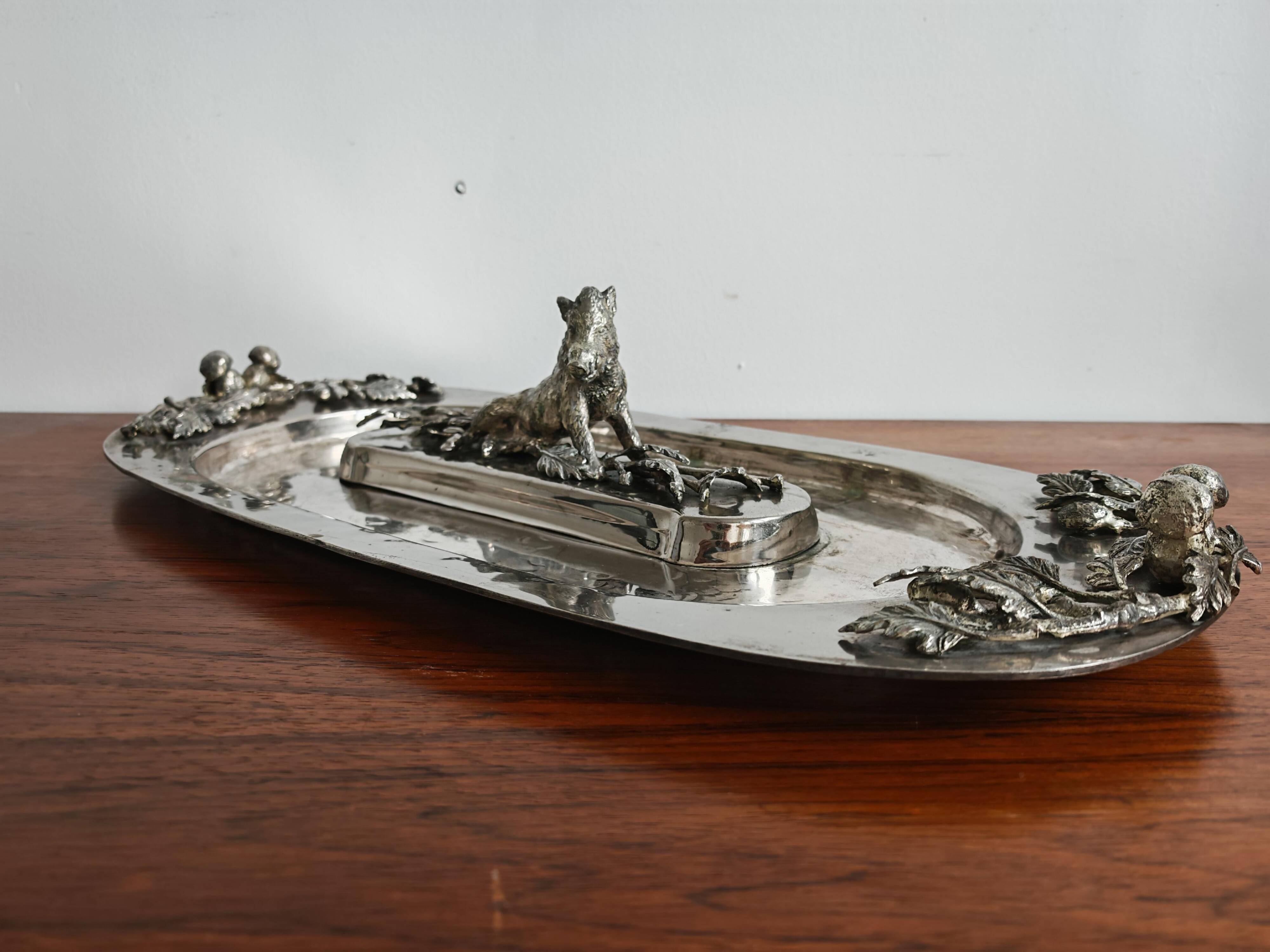 Silver serving dish by Franco Lapini with boar sculpture.