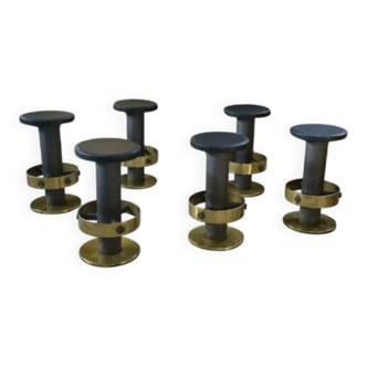 Set of 6 steel and brass stools, 1980s