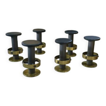 Set of 6 steel and brass stools, 1980s