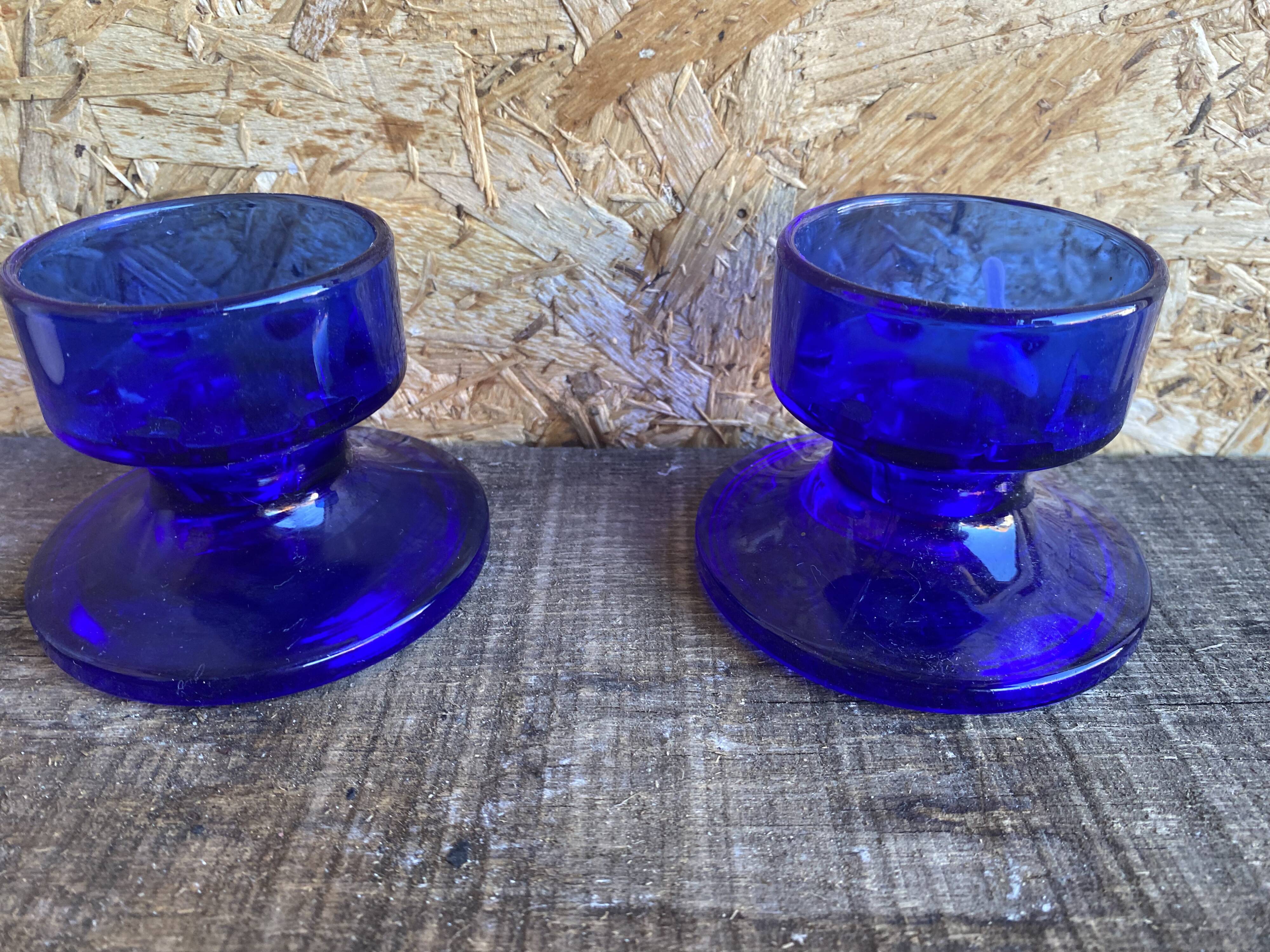 Pair of Vintage Cobalt Blue Moulded Glass Candle Holders #D991