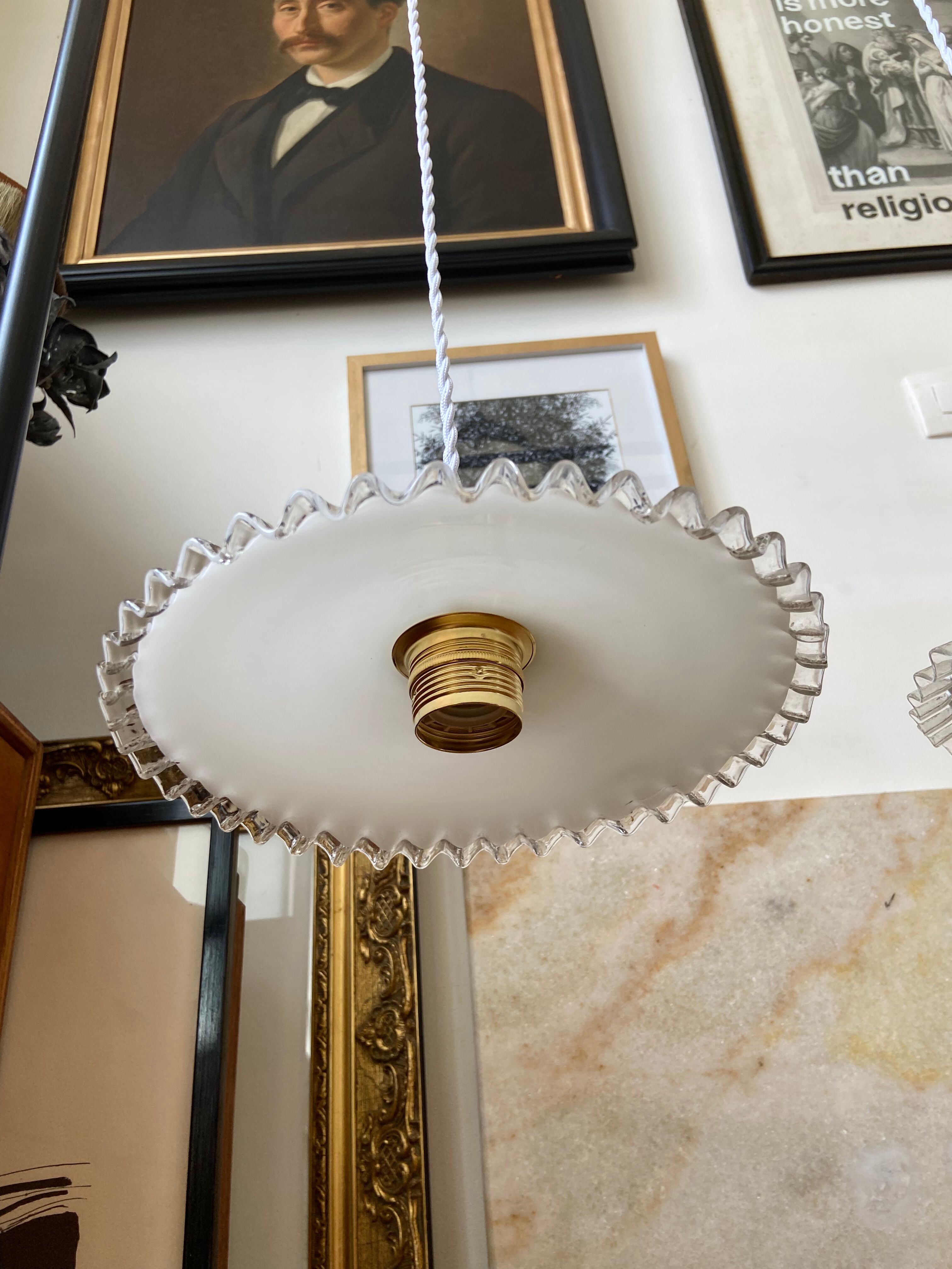 Pair of white glass hanging lamps