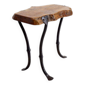 Wood and wrought iron tripod Side table - 1960s