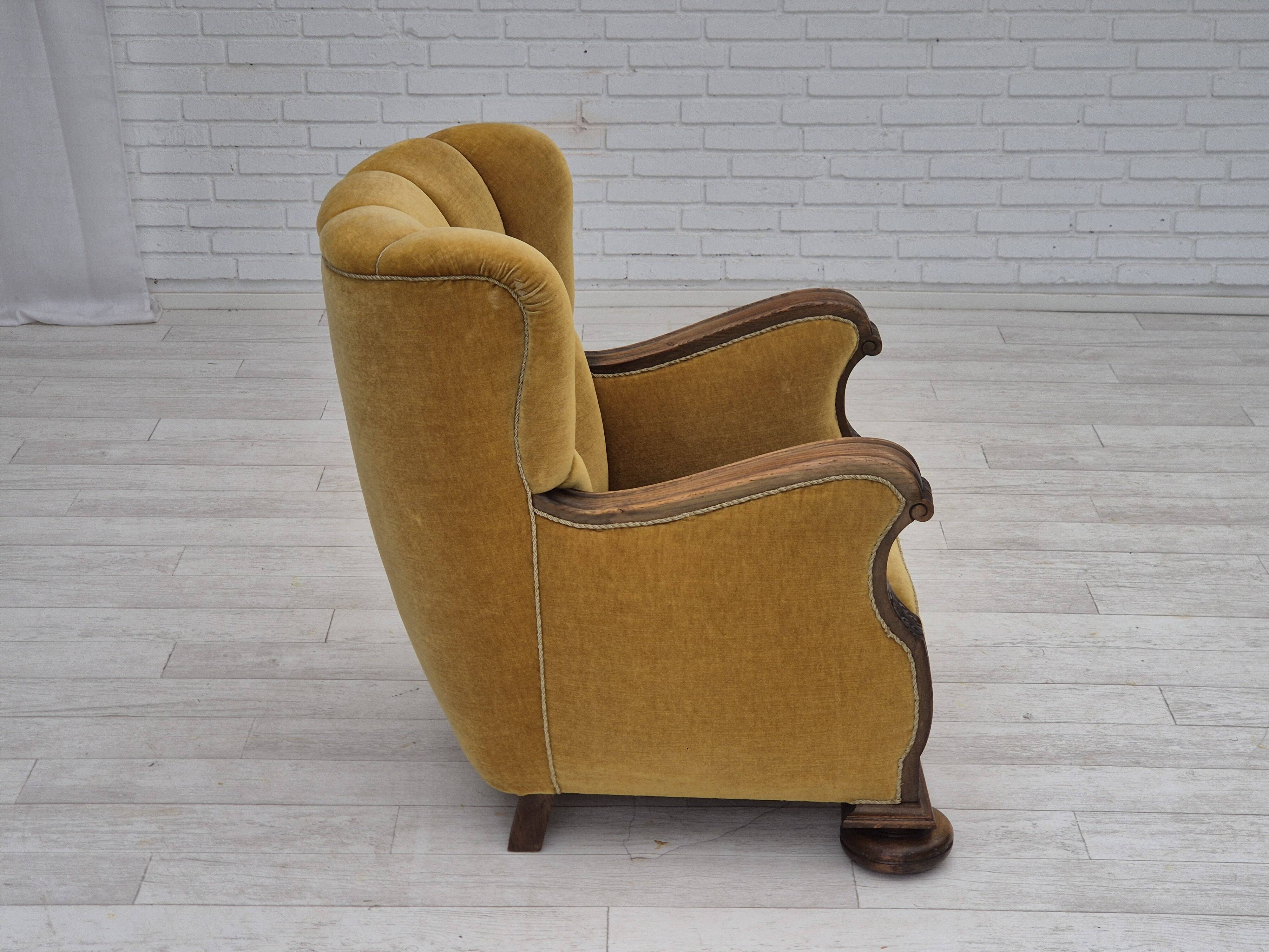 1960s, Danish relax armchair, yellow-honning furniture velour, oak wood.